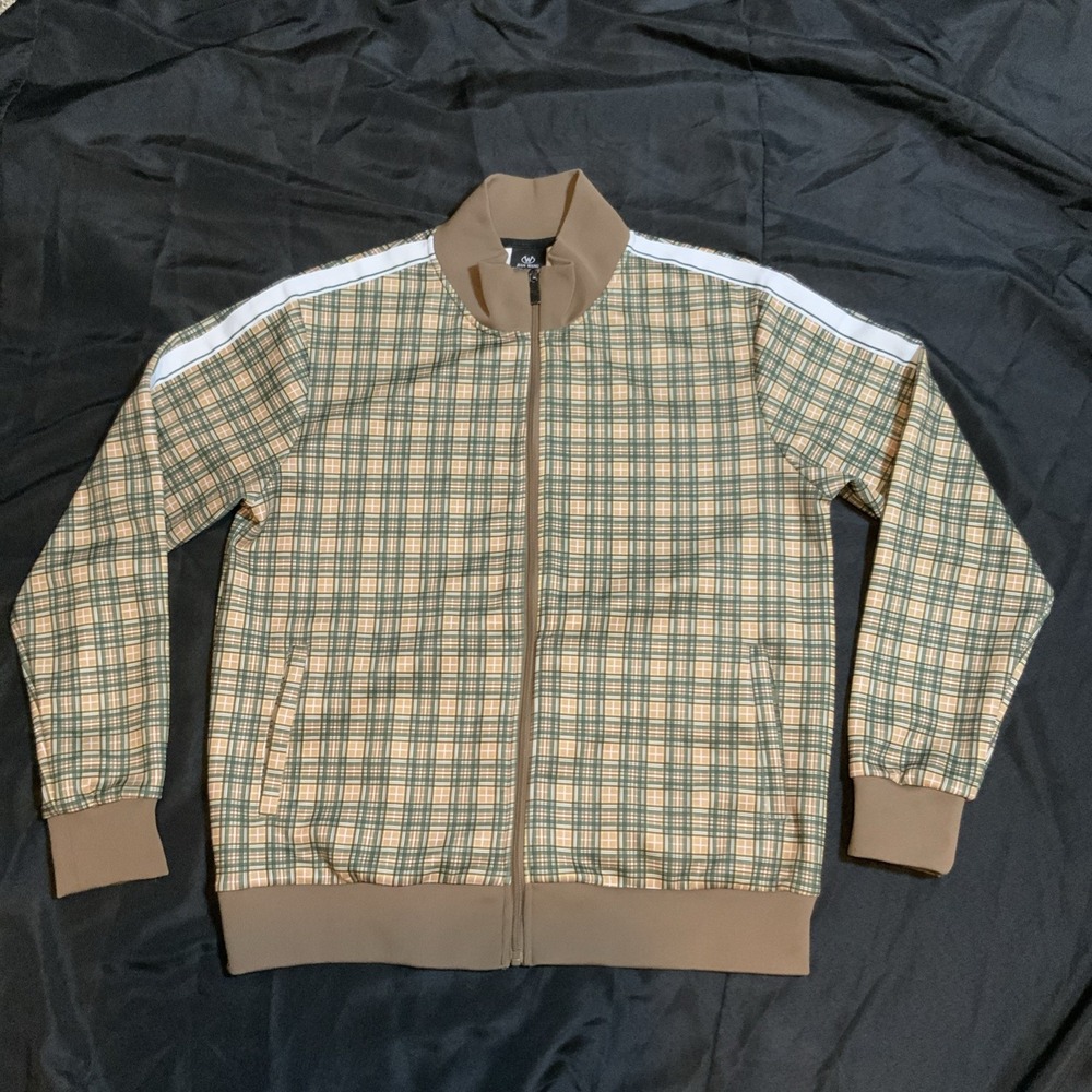 Jian Wang Mens Plaid Track Jacket Brown Green Full Zip Stripe Sleeve Large